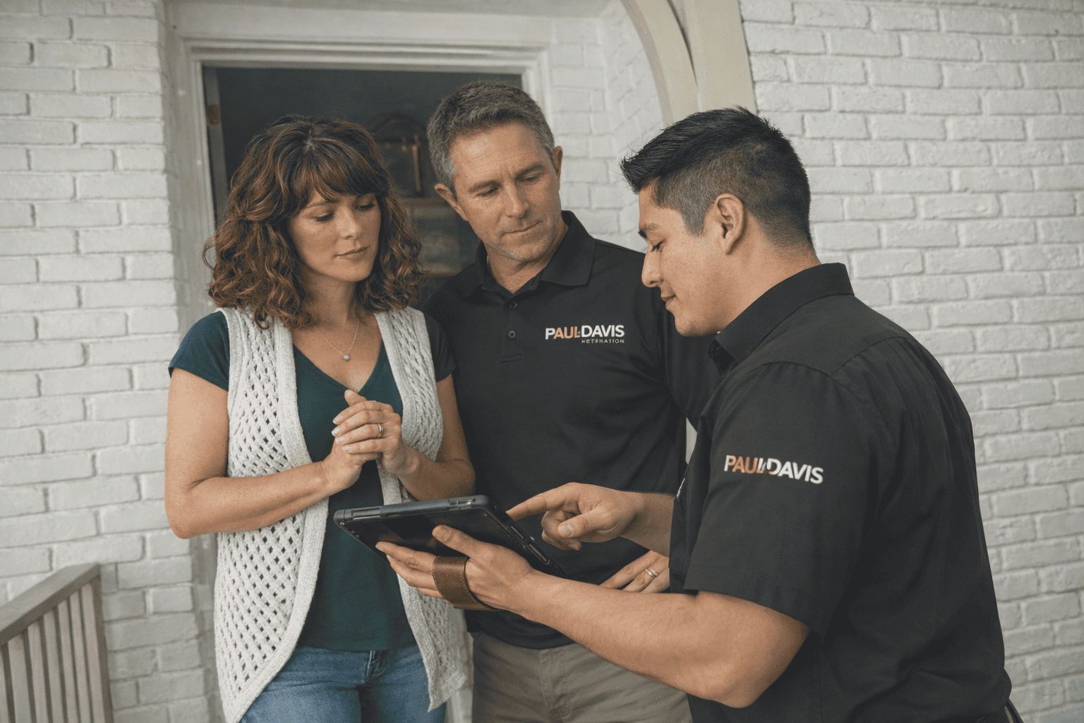 Paul Davis Restoration of Middlesex County team reviewing restoration project details with homeowners during an on-site property damage inspection in New Jersey